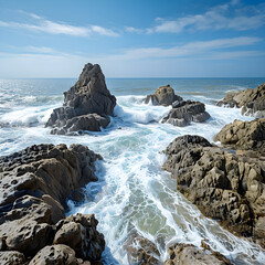 Rugged Coastal Landscape with Jagged Rocks and Ocean Waves One