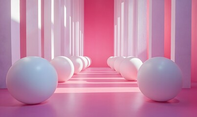 Abstract Pastel Pink Hallway with White Spheres in a Minimalist Design