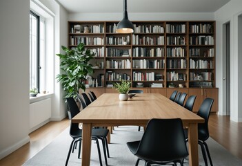 A minimalist office space with a large wooden table and chairs in front of a bookshelf.