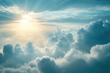 Golden Sun Rays Penetrate Through Dramatic Clouds in a Blue Sky at Sunset