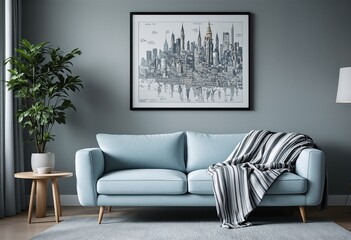 A light blue modern sofa with wooden legs and a striped blanket on it is placed in front of a gray wall featuring a framed New York city skyline drawing.