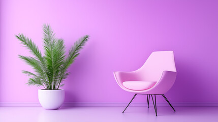 Modern interior with purple chair, wall decor, and indoor plant