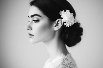 ophisticated bridal hairstyle featuring a sleek low bun adorned with an ethereal white floral hairpiece.