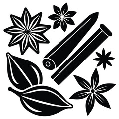 Vector set of spices cinnamon sticks, anise stars and chili peppers silhouette on white background