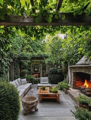 Obraz premium A green walled garden filled with plants and a fireplace