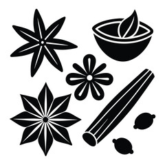 Vector set of spices cinnamon sticks, anise stars and chili peppers silhouette on white background