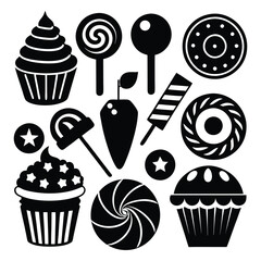 Set of various sweets icon silhouette vector art illustration