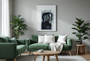 The living room has green furniture and plants.