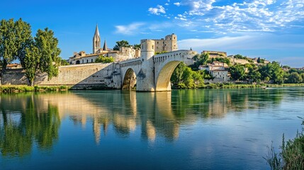 Fototapeta premium Scenic View of the Famous Saint Benezet Bridge in the Charming Village of Avignon, France on a Beautiful Summer Day