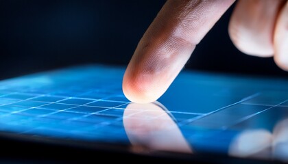 A close up view of a finger touching a computer tablet's touchscreen; up and close view of a human finger in contact with a touchscreen on a tablet; a touchscreen is illuminating an index finger