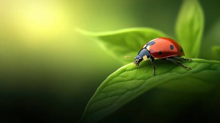 Fototapeta premium A close-up of a vibrant ladybug perched on a green leaf, showcasing intricate details against a blurred natural background, Ideal for nature themes, environmental projects, and educational materials,