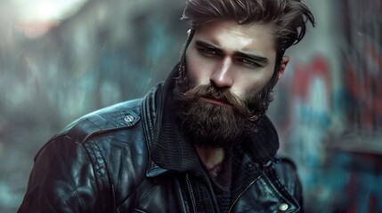 Obraz premium A young man with a full beard, with a blurred industrial background.