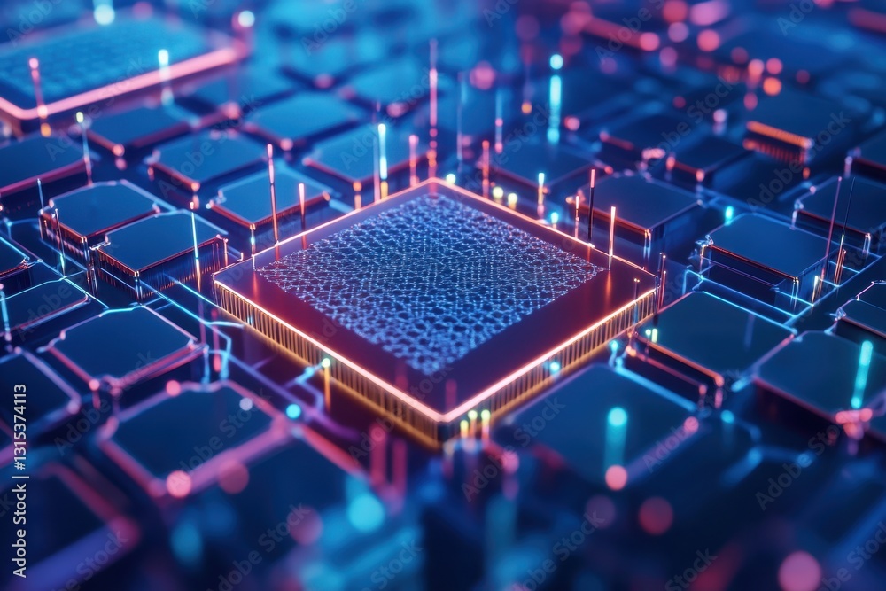 Poster colorful microchip design showcasing advanced technology and intricate patterns