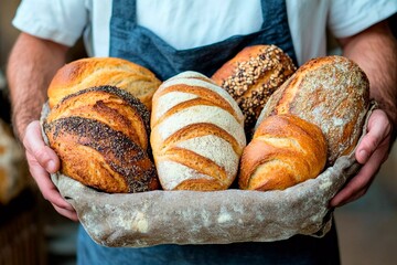 A baker holds a woven basket filled with various types of artisan bread, showcasing a variety of textures and colors. The warm lighting enhances the inviting atmosphere of the bakery
