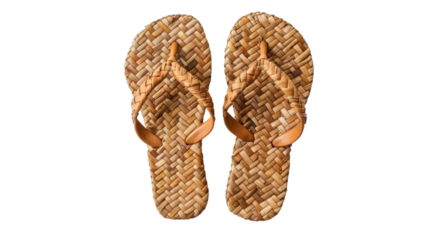 Pair of elegant wicker flip-flops on transparent background