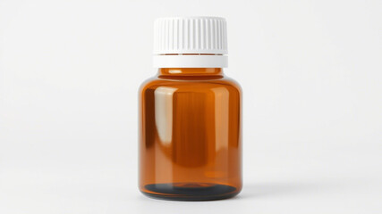 Fototapeta premium Tablets pills ,drugs ,pharmacy ,medicine or medical on white background,Amber Bottle Spilled Capsules,A close-up of a brown amber glass medicine bottle with a white child-resistant cap, isolated PIC