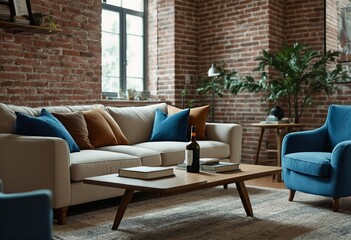 A modern living room with exposed brick walls and mid-century furniture.