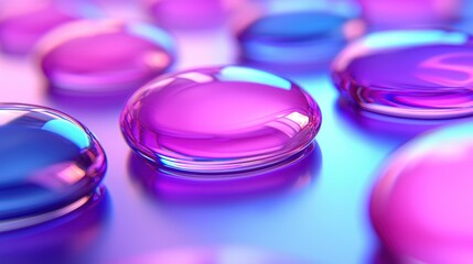 Glossy surface with reflective pink and blue droplets in a shallow depth of field