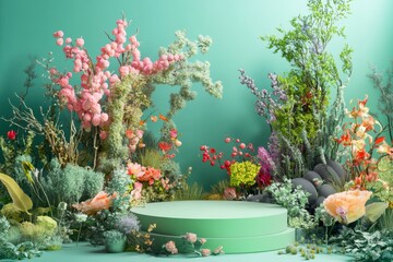 Fototapeta premium Floral Product Display Stage with Diverse Botanical Specimens on Light Green Backdrop