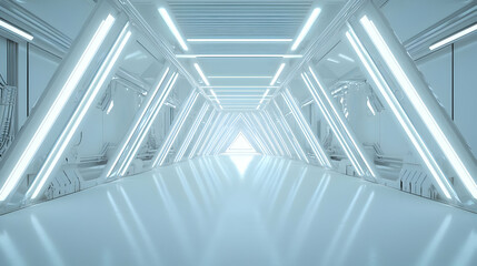 Obraz premium Futuristic White Triangular Tunnel Interior With Bright Glowing Lights Empty Hallway Perspective Abstract Architectural Design