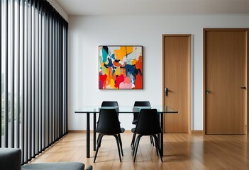 Dining Room with a Table and Chairs, Painted Wall, and Large Window.
