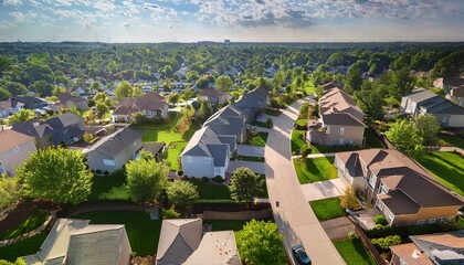 A drone view of an American suburban subdivision with houses and greenery surroundings; top angle view of subdivision community in United States; houses and homes inside of the suburbs; beautiful home