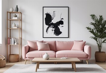 Modern living room with pink sofa and white coffee table.