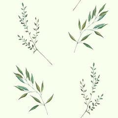 Seamless pattern with watercolor illustrations of various herbs. Seamless texture with hand-drawn green branches. Ideal for wedding, birthday, seasonal holidays.