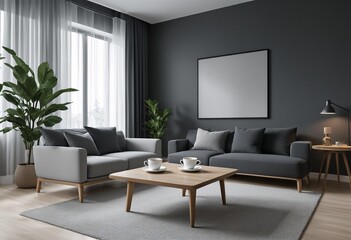 A Modern Living Room with a Dark Color Scheme and Minimalist Furniture.