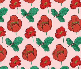 Red peony buds and green leaves, continuous pattern