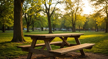 Tranquil wooden picnic table in a sunlit park surrounded by lush green trees conveying relaxation and outdoor enjoyment