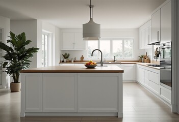 Fototapeta premium A modern kitchen with white cabinets and countertops, featuring a large island with a bowl of fruit as its centerpiece.