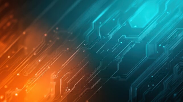 Abstract digital background featuring glowing circuitry lines in orange and teal hues, Ideal for technology-related projects, presentations, or marketing materials,