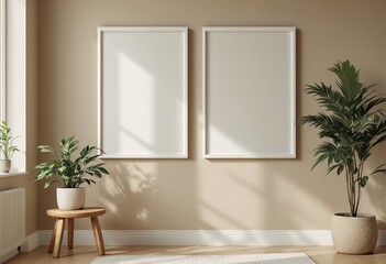 A modern minimalist room with two empty picture frames on the wall featuring potted plants and hardwood floors.
