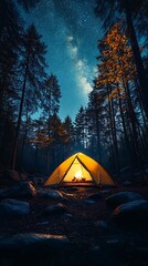 Camping tent lakeside starry night sky scene high resolution hd image