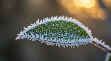 Naklejka premium Frost Covered Green Leaf Sparkling in Winter Sunlight Close Up