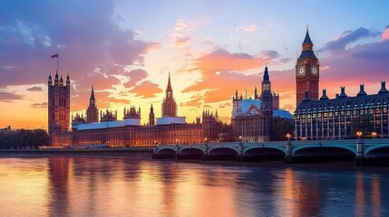 Obraz premium Golden Sunset Illuminates London Skyline Reflecting Buildings and Towers Across River Thames