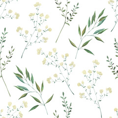 Seamless pattern with watercolor illustrations of various herbs. Seamless texture with hand-drawn green branches. Ideal for wedding, birthday, seasonal holidays.