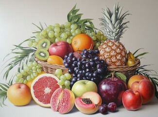 Colorful still life of fruits in wicker basket on a light background