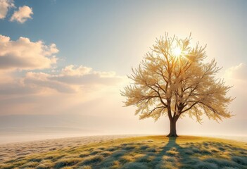 Solitary tree endures spring bloom, summer sun, autumn blaze, winter frost,  scenic,  snow