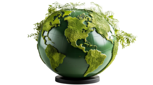 Green Globe with Plants 3D Model, Eco-Friendly Environment Concept, isolated on transparent background. - Powered by Adobe