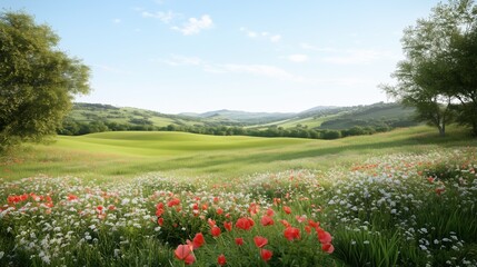A field of flowers with a few red flowers in the foreground. The sky is blue and the sun is shining