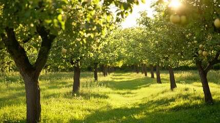 Fototapeta premium A large orchard of apple trees with a bright sunny day. The trees are full of fruit and the grass is lush and green