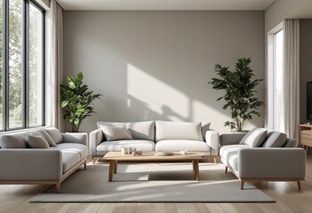 A modern and minimalist living room with light gray walls, featuring two large windows on the left wall and a white couch and chair arrangement opposite them.