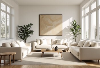 A modern minimalist living room featuring white furniture and wooden accents.