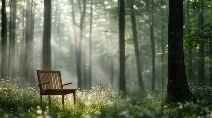 Naklejka premium A wooden bench is sitting in a field of grass. The sun is shining through the trees, creating a peaceful and serene atmosphere