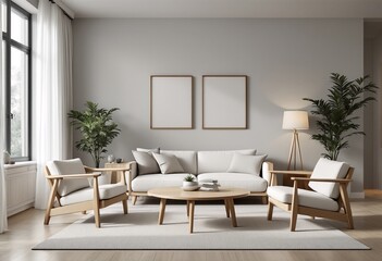 Fototapeta premium Modern minimalist living room with light grey walls and wooden furniture.