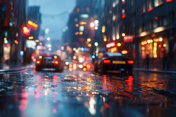 Fototapeta premium Evening City Lights Reflecting on Wet Asphalt After Rain – Soft-Focused Background with Cars and Buildings in a Dreamy Urban Scene