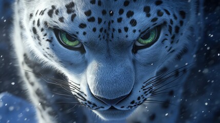 Fototapeta premium Majestic Snow Leopard Close-Up Portrait in Winter Wonderland