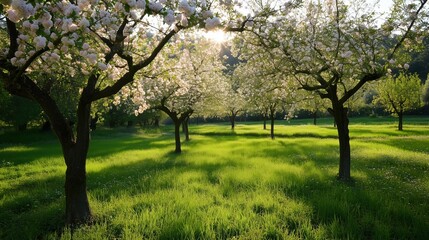 Fototapeta premium A field of trees with a lot of green grass and a lot of white flowers. The sun is shining on the trees and the grass